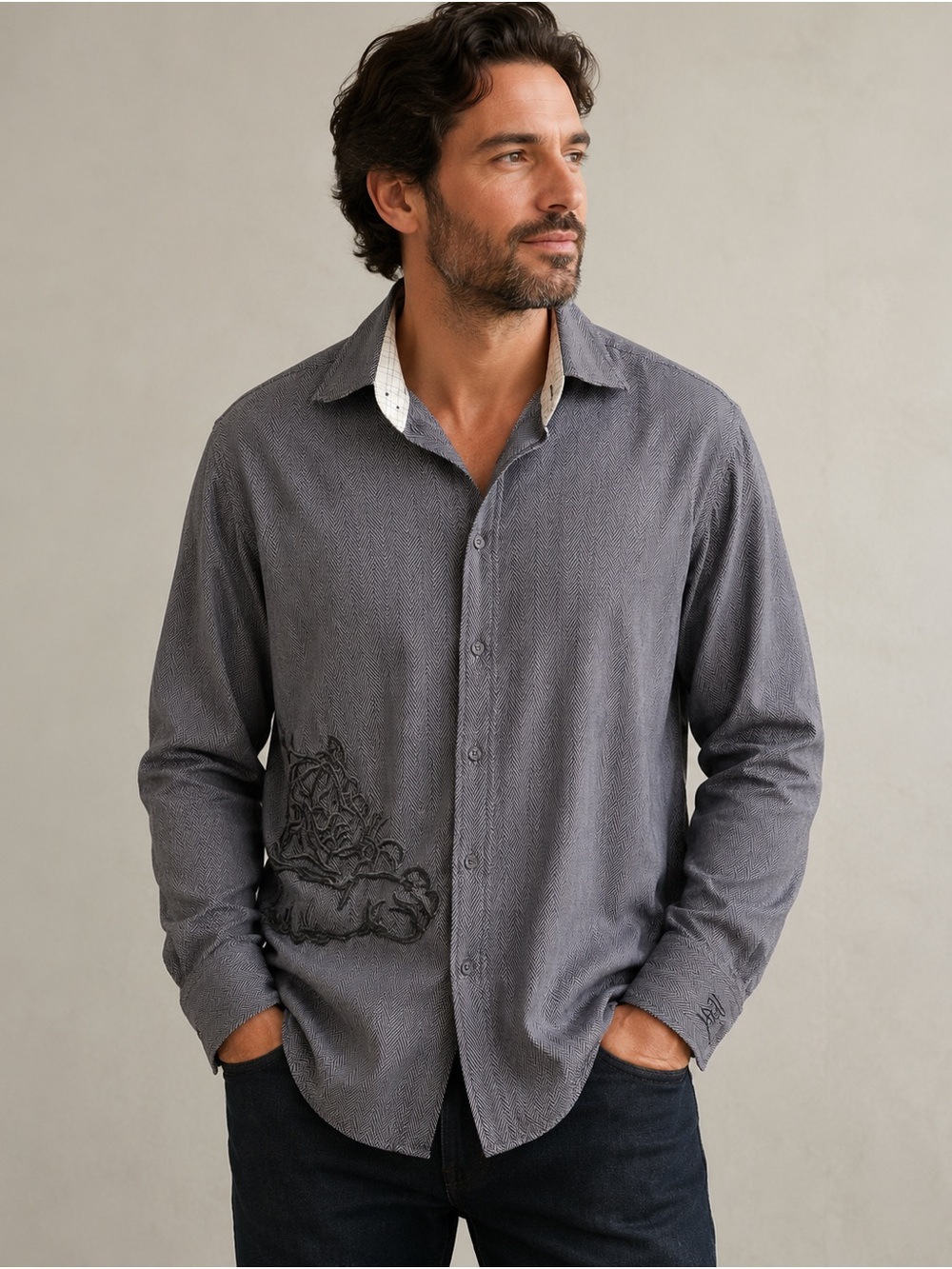 English Laundry Men's Herringbone Button-Up Shirt in Charcoal